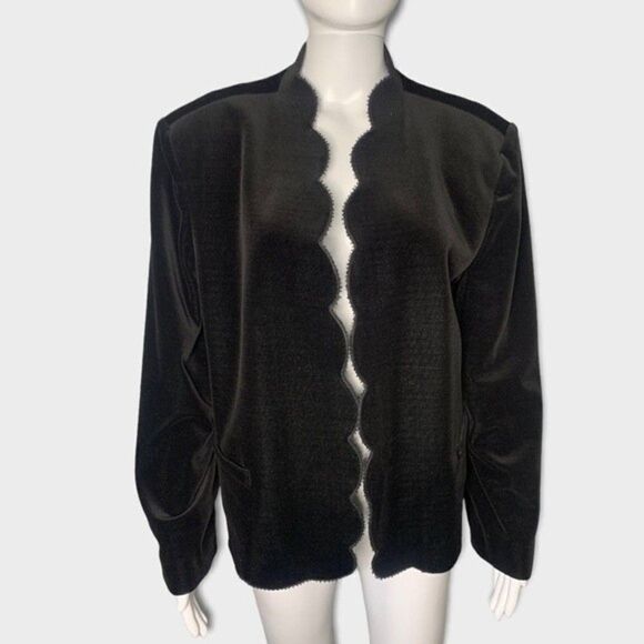 Vintage Accent Blazer Women's Large Scalloped Edge Black Velvet Hipster Jacket - Picture 1 of 9